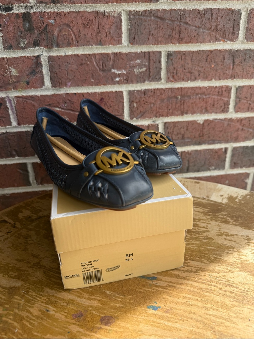 Michael Kors Navy Leather Ballet Flats with Gold MK Logo
